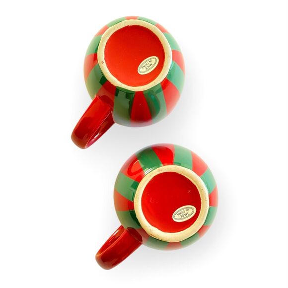CHRISTMAS MUGS Red Green Striped Holiday Ceramic Coffee Mugs Set of 2 Cups NEW - Picture 5 of 6